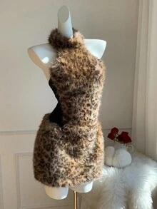 Comfortcana Women's Y2K Leopard Faux Fur Mini Skirt Leopard Print Faux Fur Skirt Halloween Costumes Leopard Skirt Cheetah Skirt,Cheetah Print