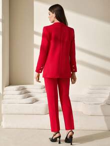 CLARA VERO Women Solid Color Suit Sets Blazer Jacket And Pants Rhinestone And Button Front Detailed - Red - View 2