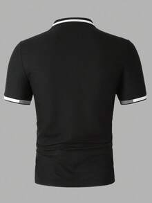 Manfinity Mode 男士撞色装饰纽扣 Polo 衫，休闲夏季短袖 - 黑色 - 查看 2