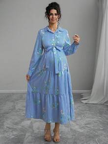 Momance 舒适的条纹花卉印花长袖孕妇装 - 藍白色 - 查看 1