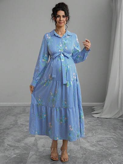 Momance 舒适的条纹花卉印花长袖孕妇装