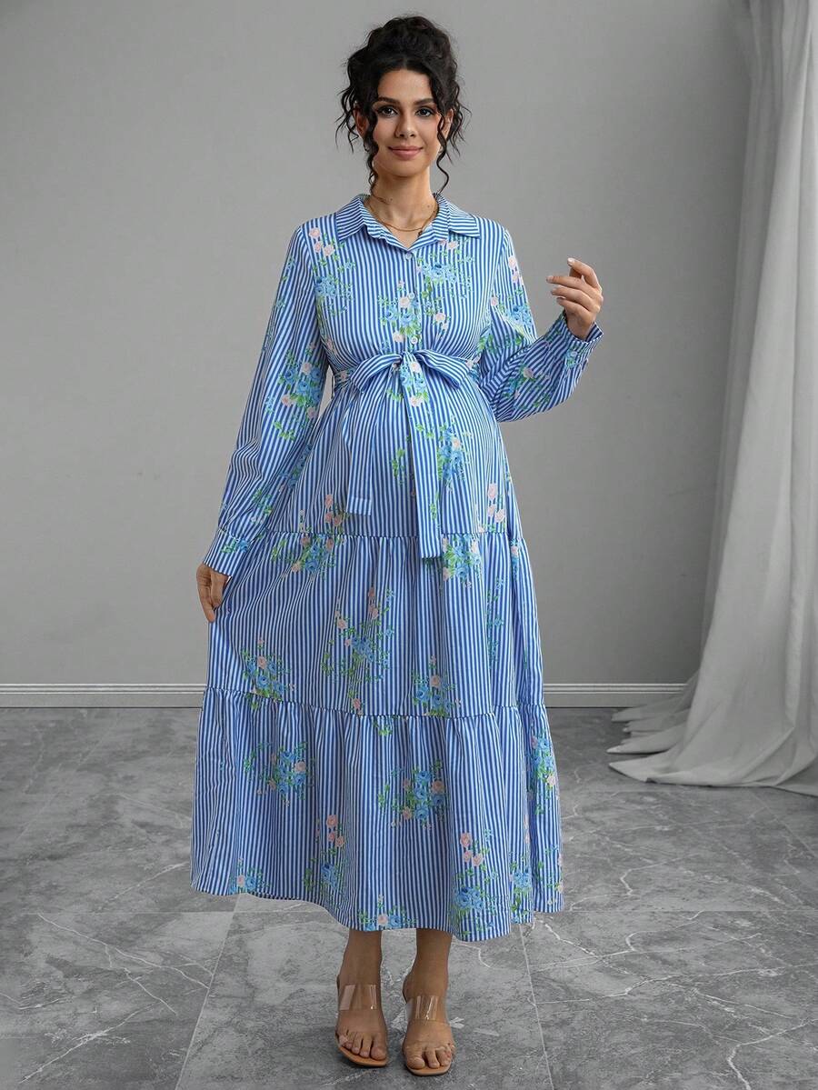 Momance 舒适的条纹花卉印花长袖孕妇装 - 藍白色 - 查看 1