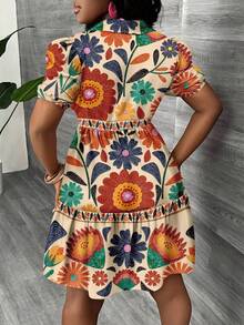 Slaydiva 休闲简约女式迷你连衣裙，适合夏季，适合度假，热带花卉印花，泡泡袖，伞裙，波西米亚风大码连衣裙，适合夏季 - 彩色 - 查看 2