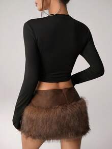 SHEIN ICON PU Patchwork Fluffy Low Waist Casual Versatile Women Skirt,Brown Skirt - Brown - View 2