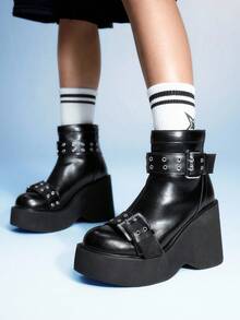 Sugerpunk 女士时尚休闲派对舒适透气踝靴，哥特风双带金属扣后拉链，黑色朋克粗跟踝靴 - 黑色 - 查看 5