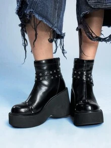 Sugerpunk 女士休闲派对舒适踝靴，哥特式铆钉金属双带搭扣后拉链，黑色朋克风厚底粗跟踝靴 - 黑色 - 查看 9