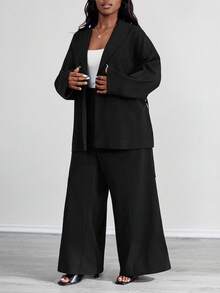SHEIN PETITE CURVE 大码休闲系腰长袖上衣和宽松裤子两件套 - 黑色 - 查看 3