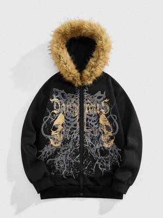 Goth sweat-shirt à capuche zippé avec imprimé crâne pour hommes, décontracté, automne/hiver