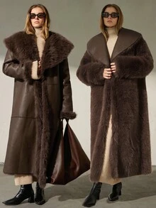 Aveloria Modichic Reversible Fashionable Minimalist High-End PU Leather Long Jacket, Faux Fur Coat For Women - Brown - View 1