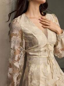 ZEYLAH V-Neck Tie-Up Cutout Long Sleeve Dress, Autumn/Winter - Apricot - View 2