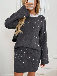 SHEIN LUNE Conjunto elegante de dos piezas gris para otoño para mujer, suéter de manga larga con patchwork de encaje con cuentas y falda, top suelto con borde de lechuga para atuendo de fiesta de cumpleaños - Gris Oscuro - Ver 6