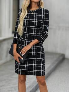 EMERY ROSE Women's Fashionable Elegant Plaid Print 3/4 Sleeve Short Dress - Black - View 1