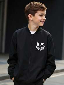 SHEIN Leap Crew Tween Boy Smiling Face Pattern Long Sleeve Casual Baseball Collar Windbreaker Jacket  Suitable For Kids Outfits Toddler Boy Clothes Back To School Boys Set Suitable For Birthday Parties, Evening Parties, Performances, Weddings, Baptisms, Opening Ceremonies Daily Suitable For Daily Use Suitable For School Suitable For Travel Suitable For Sports Suitable For Spring, Autumn And Winter Seasons Fall - Black - View 1