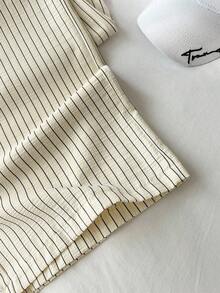 Elamini Petite 1 条女式黄色条纹休闲裤，泡泡褶面料，超低腰带抽绳，宽松直筒裤，休闲浪漫 - 黃色 - 查看 4