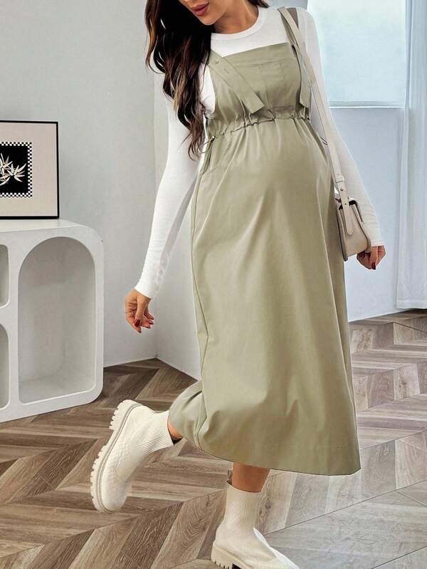 SHEIN Maternity Casual Solid Color Pinafore Dress With Pockets Khaki Dress Women Sage Green Dress For Women Sage Green Maternity Dress Maternity Midi Dress Casual Maternity Dress