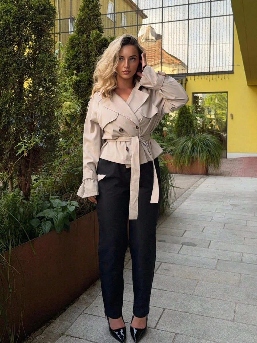 Jeta Ari Women Beige Button-Up Tie Waist Trench Coat