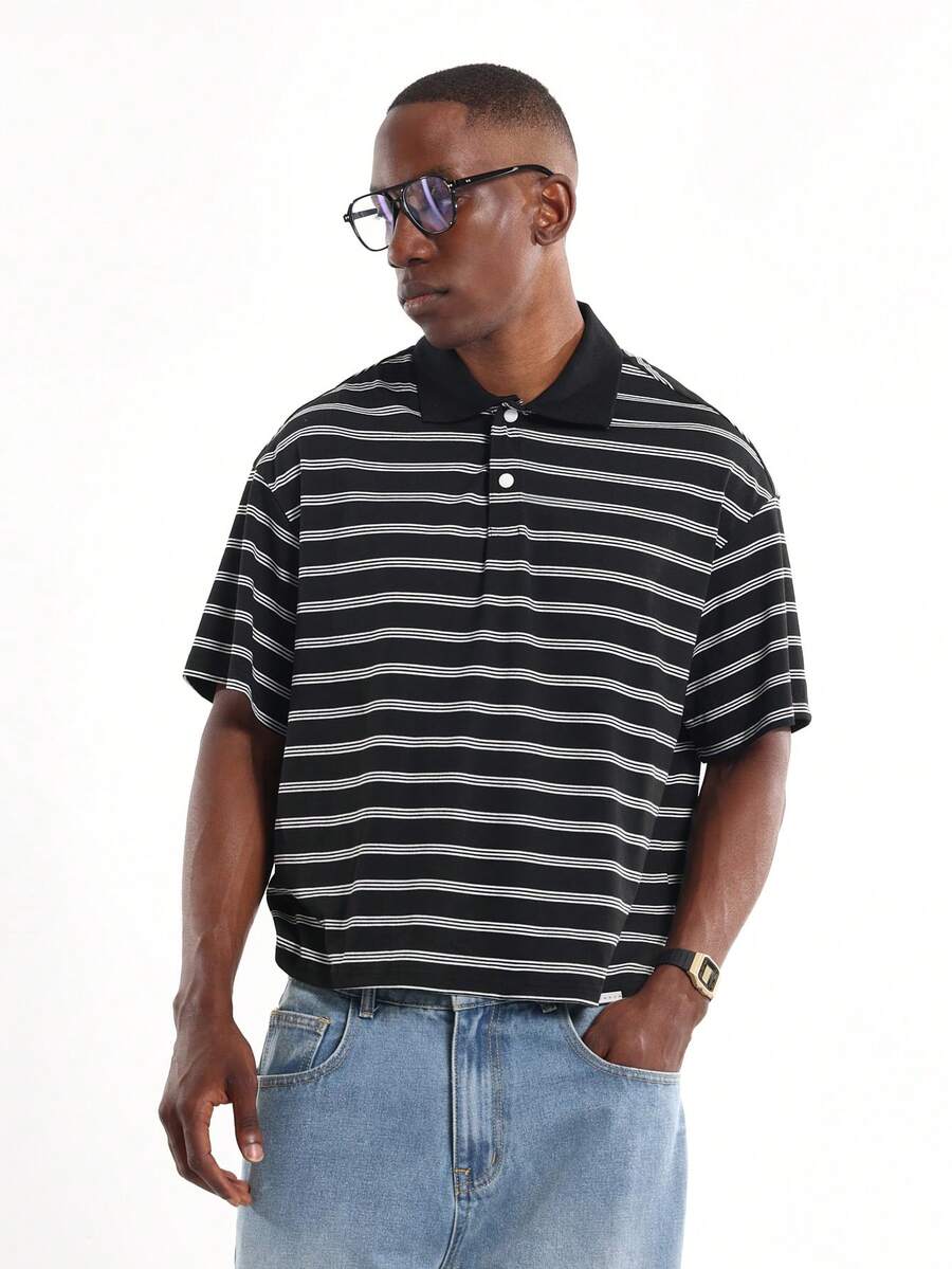 SUMWON 短款休闲经典短袖条纹 Polo 衫常规版型商务休闲办公室装度假度假领夏季春季上衣 - 黑與白 - 查看 1