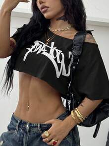 Coolane Women Fall Streetwear Going Out Sport Casual Graphic Off Shoulder Slouchy Cropped Black T-Shirt,Black Tops - Black - View 1