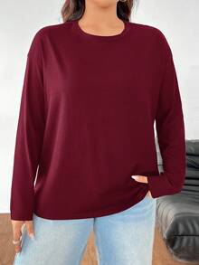 SHEIN EZwear 女式加大码休闲纯色宽松圆领长袖 T 恤 - 酒紅色 - 查看 4