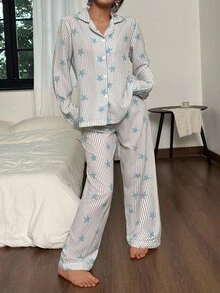 SHEIN 星条印花翻领长袖女士睡衣套装，秋季服装 - 藍色 - 查看 3