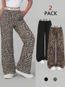 Girlism Komplet 2 spodni dla nastolatek z wysokim stanem i nadrukiem w panterkę oraz szerokimi nogawkami w jednolitym kolorze czarnym, podstawowy strój codzienny