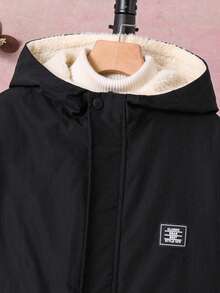 SHEIN Tween Boy Letter Graphic Zip-Up Fleece Hoodie Jacket, Boys Sherpa Lined Jacket, Boys Black Winter Jacket Fall - Black - View 4