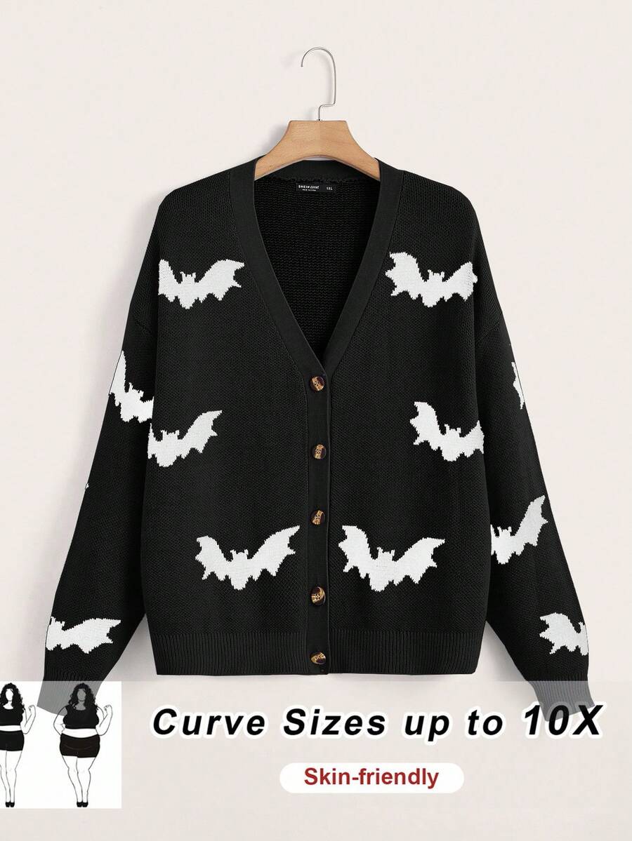SHEIN CURVE+ 加大码针织开衫,适合冬季、秋季、万圣节 - 黑色 - 查看 1
