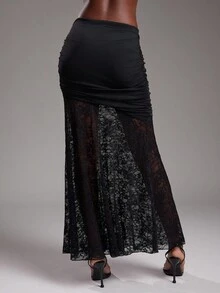 NYA SZN 裙摆高腰修身飘逸褶饰细节蕾丝性感外出夜场派对日常休闲仙女风可爱超长款秋冬适合女性通勤装 - 黑色 - 查看 2