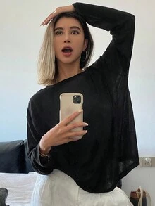 Livesso 女士纯色休闲宽松日常搭配上衣，秋季衣服长袖女上衣 - 黑色 - 查看 5