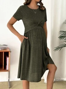 Cheriluna Maternity Casual Solid Color Comfortable Loose Round Neck Short Sleeve Nursing Dresses