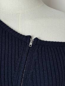 EgrlEra Women's Minimalist & Sweet Blue Asymmetrical Shoulder Long Sleeve Zip-Up Crew Neck Cardigan Knit Sweater, Autumn/Winter, Navy Blue Sweater - Royal Blue - View 4