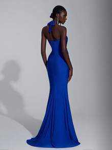 Elitara 优雅、时尚、简约、反乌托邦风格、深海蓝色、针织面料、金属扣、褶饰腰部设计、女士晚礼服、网眼连衣裙、正式连衣裙 - 藍色 - 查看 3