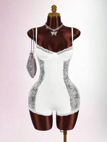 Amplova 性感撞色蕾丝收腰金色女式连体裤 - 白色 - 查看 3