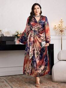 Modelyn 大码女式花卉印花褶饰设计3D花朵装饰长袖优雅连衣裙 - 棕色 - 查看 5