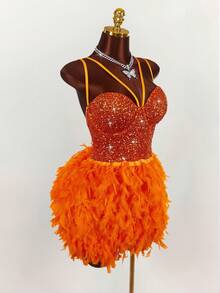 Amplova 大码女式万圣节精灵角色扮演亮片羽毛装饰连衣裙 - 橘色 - 查看 5