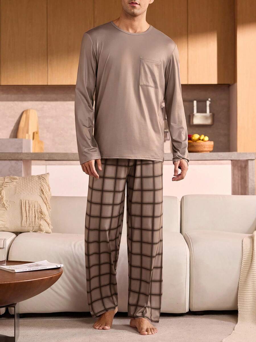 Manfinity Underwear&Sleepwear Basics بدلة نوم للرجال كبار الحجم من قطعتين، ملابس علوية لون سادة وبنطلون مربعات