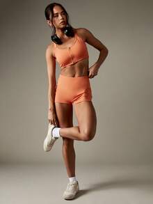 MISSGUIDED Sujetador deportivo de alto impacto con cierre delantero, espalda de tirantes, soporte para entrenamiento, correr, yoga y fitness, top de compresión con cuello alto y panel de malla - Naranja - Ver 4