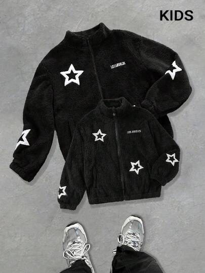 PAVTROS Oversized Boys' Casual Fashion Five-Pointed Star & Letter Embroidered Fleece Jacket, Loose Fit, Soft, Versatile, Suitable For Autumn, Spring, Winter, Daily Wear, Commuting, Outdoor, Sports, School, Streetwear, Party, Photography