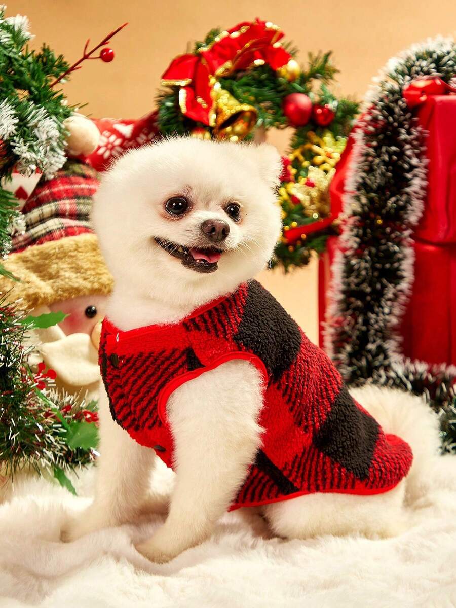 PETSIN 1pc Pet Dog Christmas Classic Plaid Reversible Fleece Warm Open Front Coat – Festive Holiday Tartan Jacket For Small Dogs, Cozy Dual-Sided Winter Outwear - Multicolor - View 1