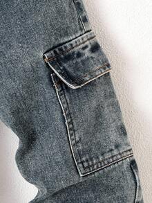 男童休闲宽松直筒撞色缝线工装牛仔裤 - 中等水洗藍 - 查看 6