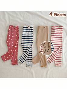 Loomiva 4件套女婴花卉条纹图案柔软棉质针织弹力腰时尚紧身裤