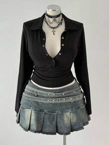 Sweetra Plus Size Women Vintage Casual Street Style Collared Button-Up Shirt, Sexy Solid Textured Long Sleeve Tee For Commute, Daily Wear, Back To School, Halloween, Layering Fall Cloth For Women - Black - View 1