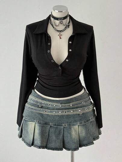 Sweetra Plus Size Women Vintage Casual Street Style Collared Button-Up Shirt, Sexy Solid Textured Long Sleeve Tee For Commute, Daily Wear, Back To School, Halloween, Layering Fall Cloth For Women