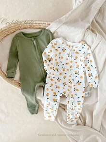 Baby Girls' Soft & Comfortable Jumpsuit Set, Fresh & Cute Lemon & Orange All-Over Print Jumpsuit + Solid Green Textured Fabric Zipper Jumpsuit, 2pcs Sleepwear Set Snug Fit Ribbed Baby Clothes Newborn Clothes Cotton Gender Neutral Baby Clothes Baby Lemon Print Clothes Zip Up Baby Romper Fall Winter Baby Set Autumn Winter Season Baby Outfits Unisex For Fall Woodland Baby Clothes Neutral Baby Clothes Unisex 2026 "Tight Fit Pajama","Tight Fit","Snug Fit - Multicolor - View 6