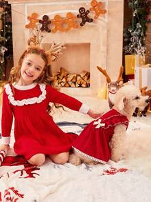 PETSIN Vestido de Natal para Cachorros Pequenos - Corduroy Vermelho com Mangas Bufantes e Decoração de Laço - Vermelho - Visão 5