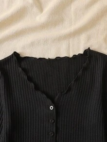 SHEIN Áo len cardigan cài nút cổ chữ V viền bèo nhún đa năng cho bé gái, Trở lại trường, Áo len đen cho bé gái, Áo đen cho trẻ em, Áo len cardigan ngắn màu đen cho bé gái, Áo đen cho bé gái vào mùa thu/đông - màu đen - Xem 3