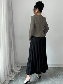 Elenzga 女士粗花呢长袖夹克和百褶中长裙优雅套装 - 彩色 - 查看 2