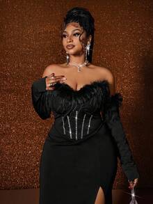 Maweii Vestido de hombros descubiertos para mujer de talla grande, con adorno de peluche sintético y rhinestones, abertura sexy, elegante para fiesta, cumpleaños, uso diario, color negro - Negro - Ver 4