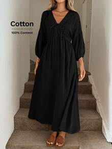 Easowa Sukienka damska długa, luźna, do pracy w stylu vintage, z dekoltem w serek, wiązaniem w talii i kokardą, z rozszerzanymi rękawami i plisowaną talią w kształcie litery A, z podwójną warstwą krepy, z bawełny pochodzenia naturalnego