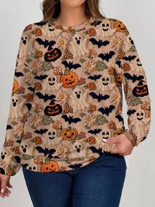 EMERY ROSE Halloween Ghost, Bat, Pumpkin Print Plus Size Women Casual Loose Fit Crew Neck Long Sleeve Pullover Sweatshirt, Autumn/Winter Fall Ghost Print Sweater Fall Sweater Bat Sweater Halloween Sweater Pumpkin Sweater Autumn Print Cardigan Fall Tops Fall Shirts Artwork Print Design Sweater Ladies Long Sleeve Sweater - Multicolor - View 6